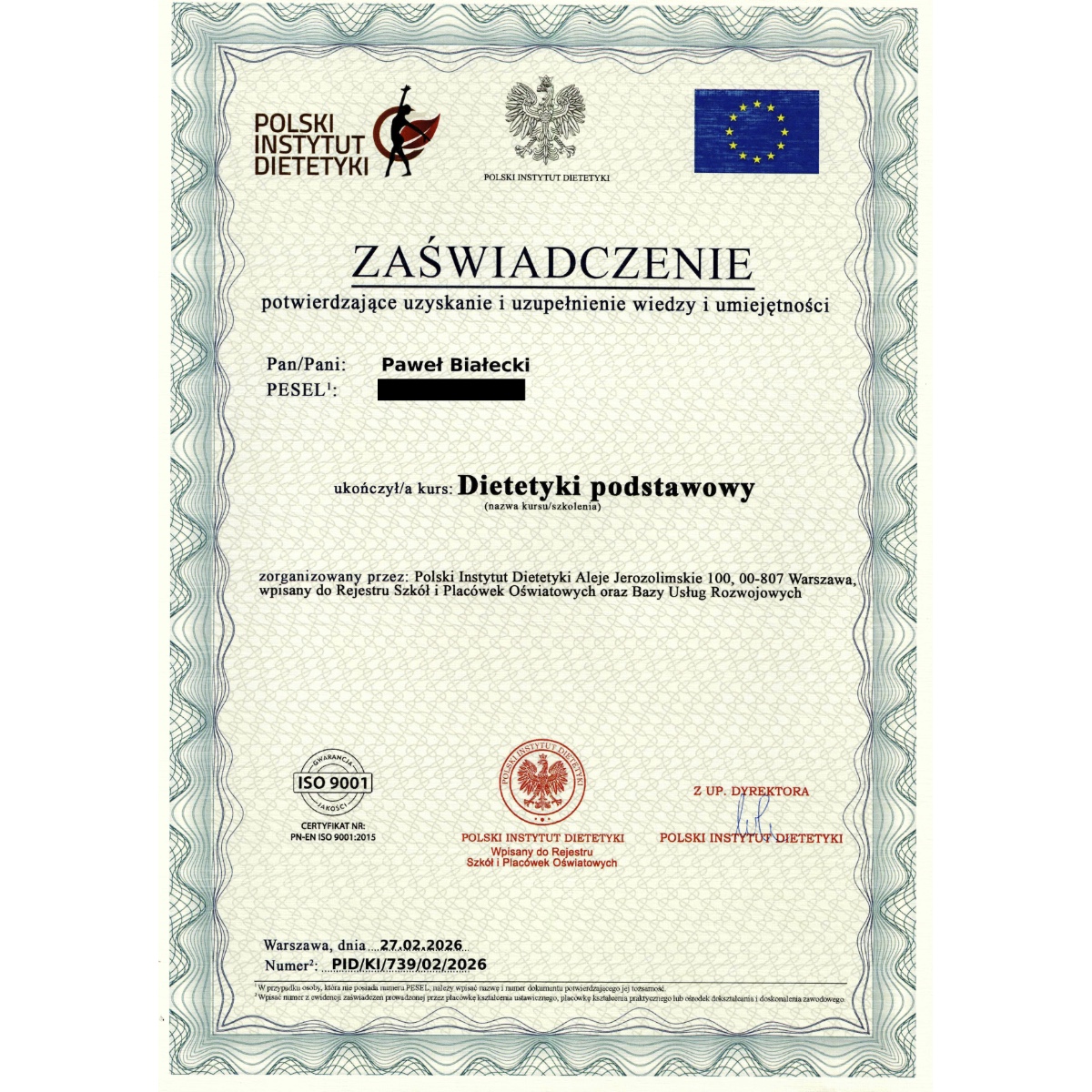Zaświadczenie kursu zawodowego - dietetyka podstawowa